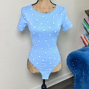 Floral Print Light Blue Short Sleeve Bodysuit